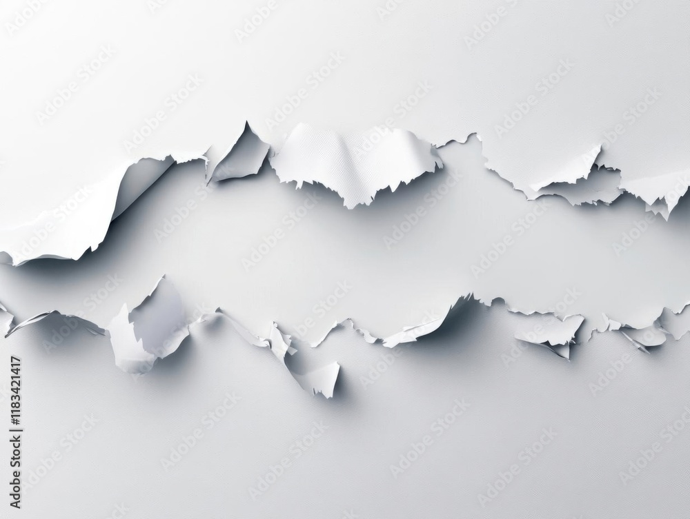 White Ripped Paper Shows Layer with Torn Edges, Revealing Texture and Minimalist Design. White Ripped Paper Shows Layer with Torn Edges, Revealing Texture and Minimalist Design.