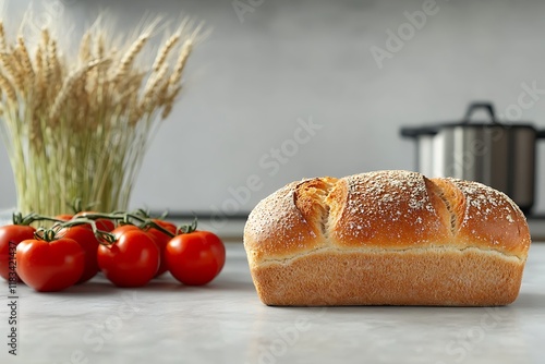 Ciabatta bread with tomatoes and ears of wheat on dark background photo