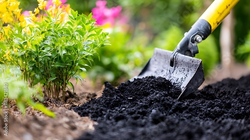 Fototapeta Naklejka Na Ścianę i Meble -  Close-up of a shovel full of dark soil being added to a garden bed next to blooming plants.