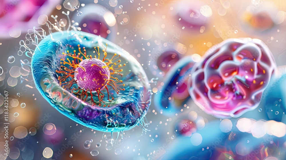 cell with nucleus, mitochondria and ribosomes, light colors cell with nucleus, mitochondria and ribosomes, light colors