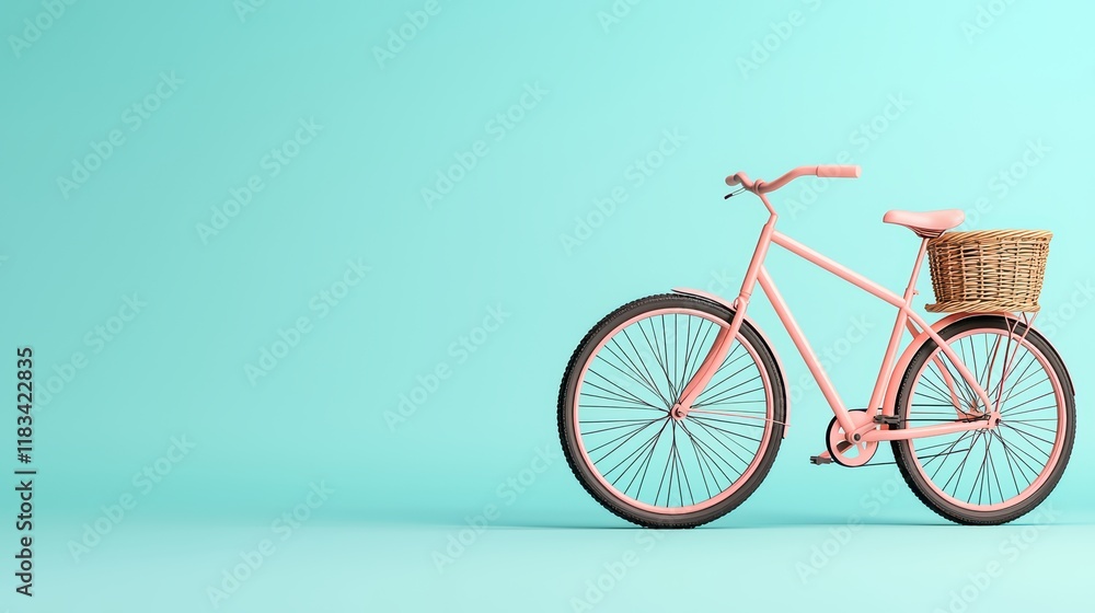 Fototapeta premium Vintage Pink Bicycle with Wicker Basket on Turquoise Background