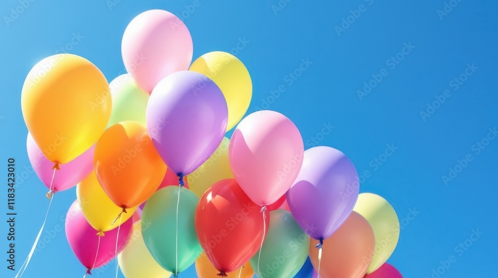 Colorful Balloons Floating in Clear Sky with Sharp Focus and Lighting Colorful Balloons Floating in Clear Sky with Sharp Focus and Lighting