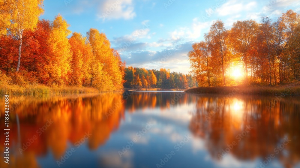 Obraz premium Serene Autumn Landscape with Colorful Trees Reflecting on Calm Lake Water