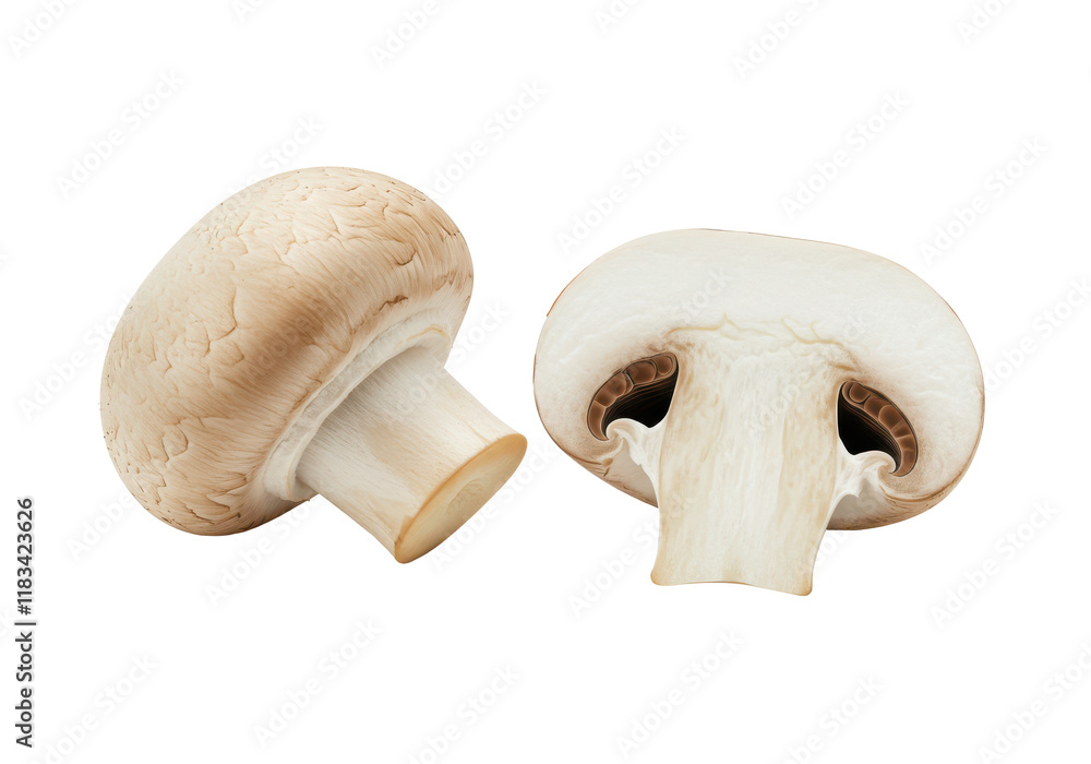Two fresh mushrooms champignons, one whole and the other cut in half isolated on white background Two fresh mushrooms champignons, one whole and the other cut in half isolated on white background