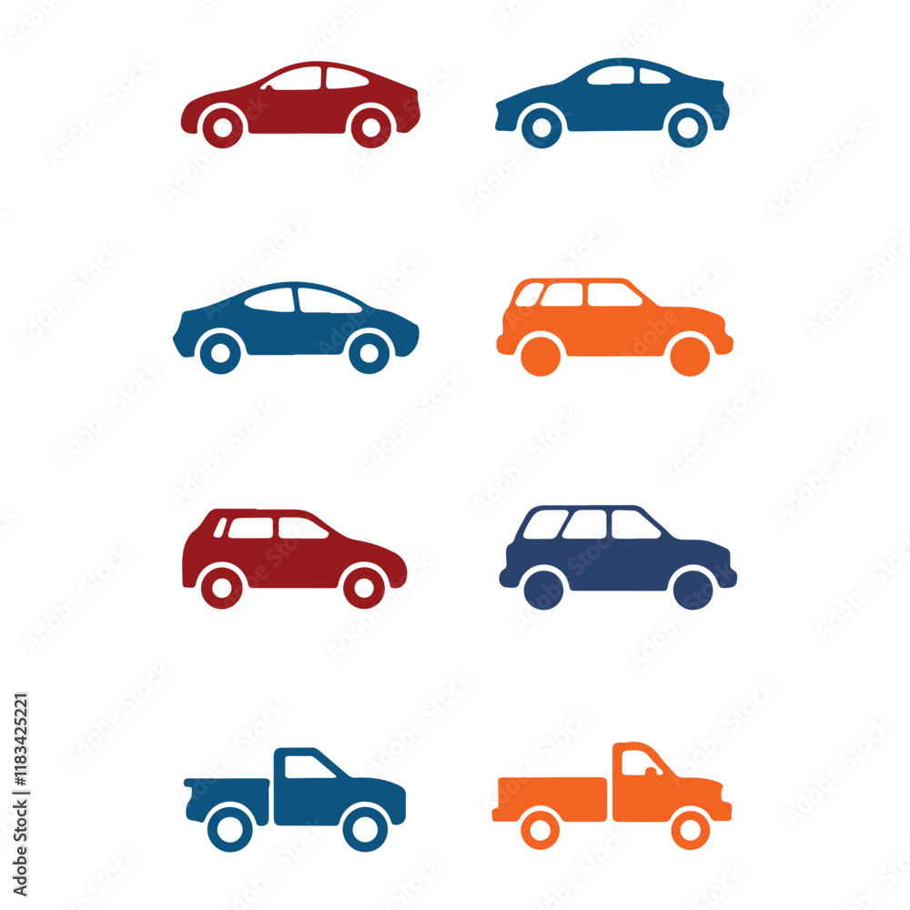 A collection of simple, colorful car silhouettes, perfect for use in presentations, websites, or graphic design projects.