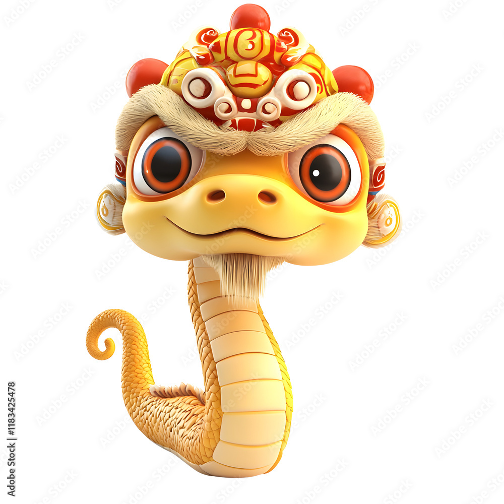 Fototapeta premium A cartoon snake wearing the headpiece of a lion dance costume for the Chinese New Year festival, Lunar New Year , representing the Zodiac Year of 2025