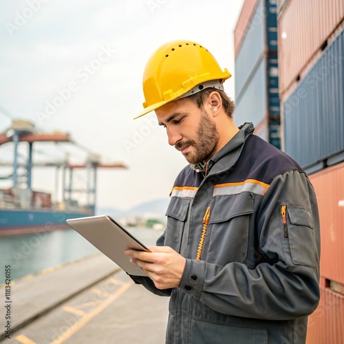A dock worker in a yellow helmet and gray uniform checks a tablet near stacked shipping containers
