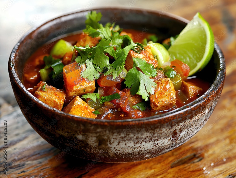 Delicious Spicy Tofu Stew in Rustic Bowl Garnish Cilantro Lime Delicious Spicy Tofu Stew in Rustic Bowl Garnish Cilantro Lime