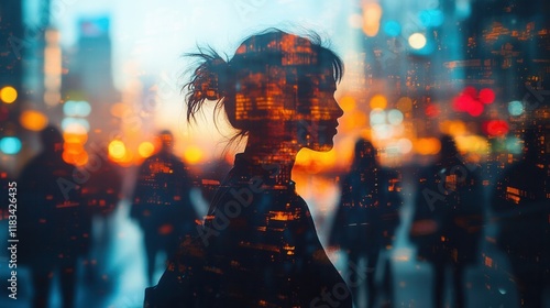 Urban silhouette with colorful bokeh lights photo