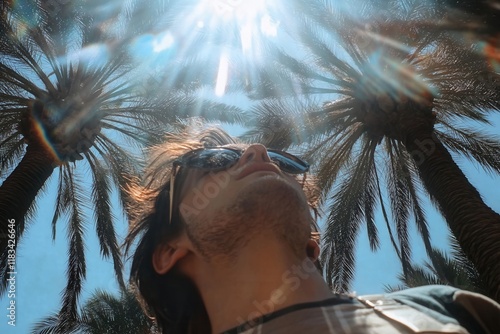 Man enjoying sunshine under palm trees. photo