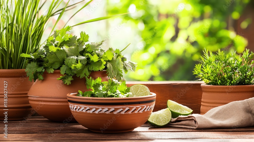 Fresh Cilantro and Limes in Rustic Pottery Bowls on Wooden Table Sunny Garden Background Fresh Cilantro and Limes in Rustic Pottery Bowls on Wooden Table Sunny Garden Background