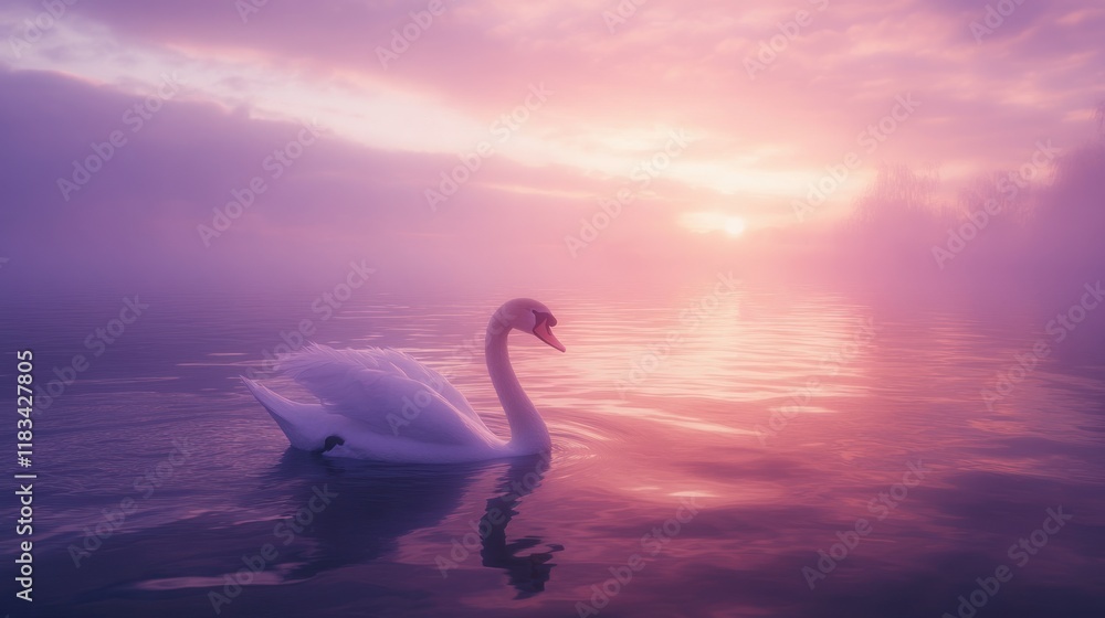 Fototapeta premium Serene swan swimming lake sunrise misty dawn peace
