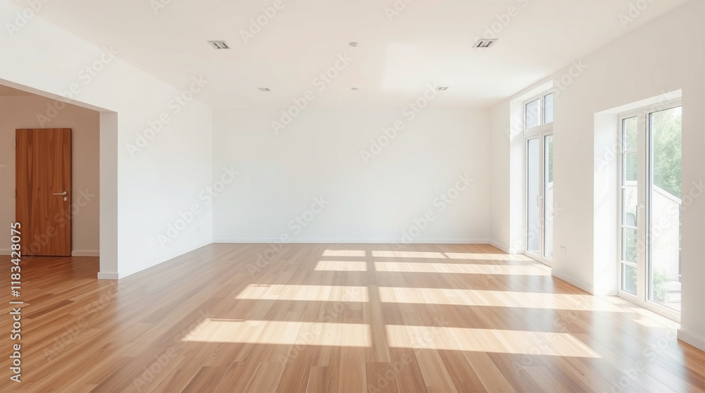 A minimalist interior design an empty, light-filled room with hardwood floors, an open floor plan, a large window, soft gentle light, diffused shadows, subtle illumination A minimalist interior design an empty, light-filled room with hardwood floors, an open floor plan, a large window, soft gentle light, diffused shadows, subtle illumination