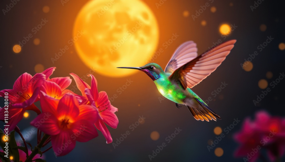 Colorful hummingbird hovering near vibrant flowers with a full moon in the background Colorful hummingbird hovering near vibrant flowers with a full moon in the background