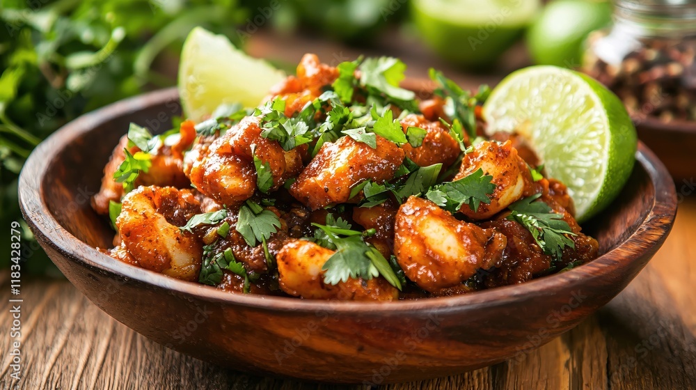 Spicy Cilantro Lime Chicken in Wooden Bowl Delicious Food Photography Spicy Cilantro Lime Chicken in Wooden Bowl Delicious Food Photography