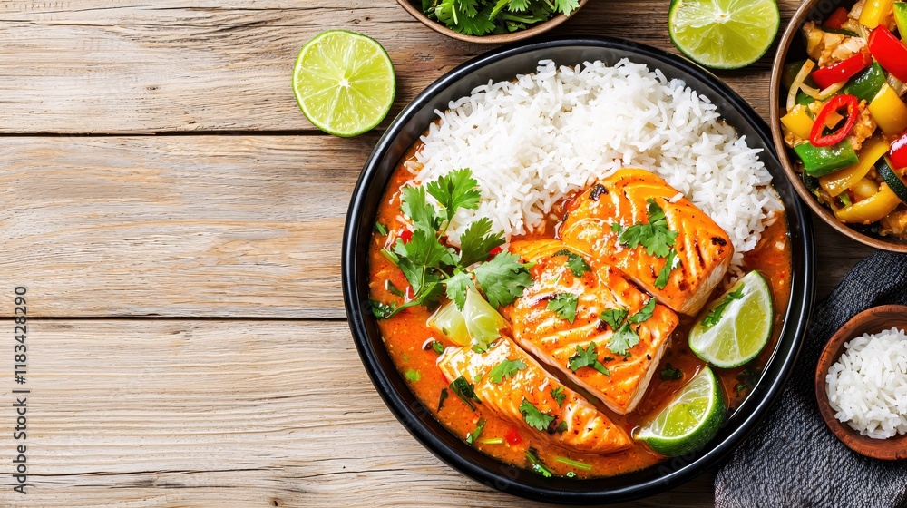 Delicious Salmon in Spicy Red Curry Sauce with Rice Delicious Salmon in Spicy Red Curry Sauce with Rice