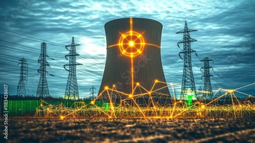 Digital artwork of the energy industry, with glowing energy networks, nuclear power plants, and green technologies, symbolizing the balance between conventional and renewable energy sources