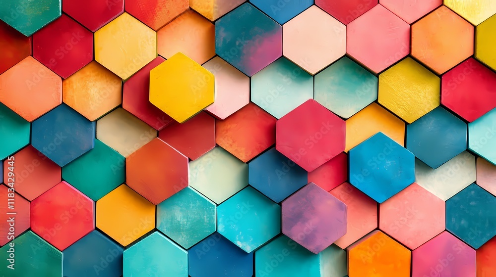 Colorful hexagonal tiles arranged in a visually striking geometric pattern, showcasing vibrant hues and textures that enhance any creative project or interior design concept. Colorful hexagonal tiles arranged in a visually striking geometric pattern, showcasing vibrant hues and textures that enhance any creative project or interior design concept.