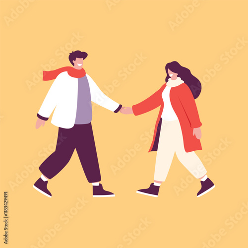 man and woman in warm winter clothes causually walking