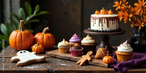 Spooky Season Sweetscape  A Delicious Autumnal Display of Cupcakes, Cake, and Festive Treats photo