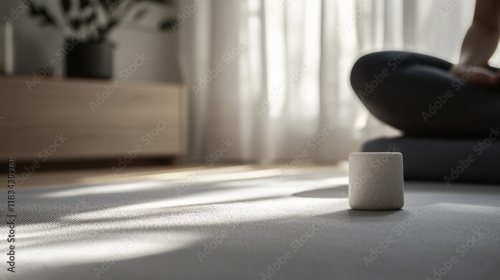 A person is sitting on a mat with a cup in front of them A person is sitting on a mat with a cup in front of them