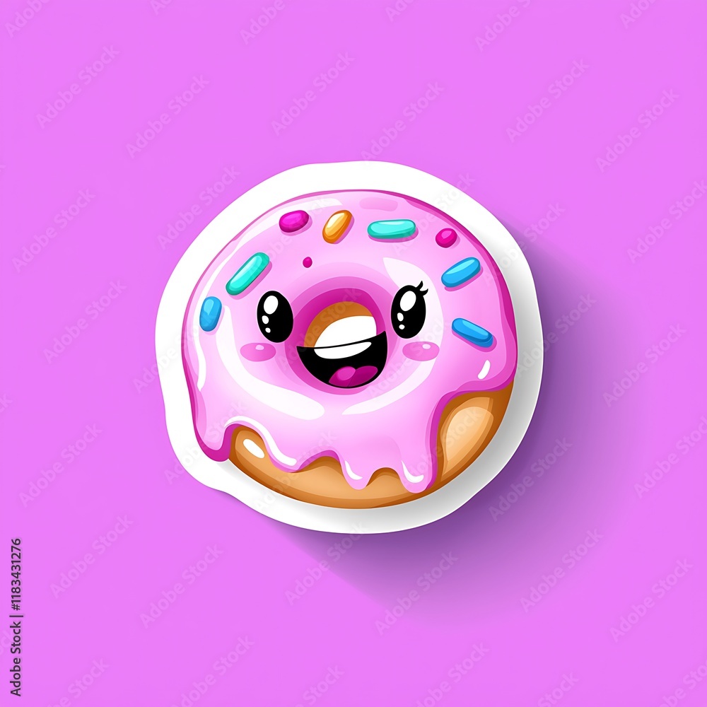 Fototapeta premium Happy pink glazed donut with sprinkles cartoon sticker.