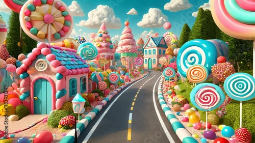 Colorful Candy Land with Whimsical Trees and Sweet Treats