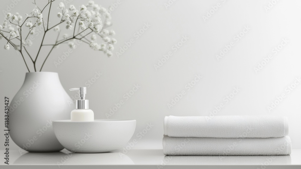A white vase with a white flower in it sits on a counter next to a white bowl A white vase with a white flower in it sits on a counter next to a white bowl
