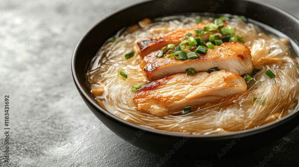 A bowl of glass noodles with caramelized chicken breast on a dark grey background, styled with ample copy space for text. A bowl of glass noodles with caramelized chicken breast on a dark grey background, styled with ample copy space for text.
