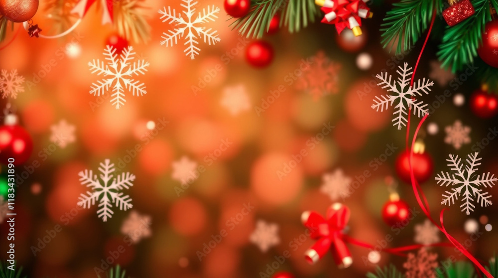 Illustrate a festive winter background with bright, cheerful colors like red and green, featuring snowflakes and holiday decorations to evoke the spirit of Christmas in a joyful, lively style. Illustrate a festive winter background with bright, cheerful colors like red and green, featuring snowflakes and holiday decorations to evoke the spirit of Christmas in a joyful, lively style.