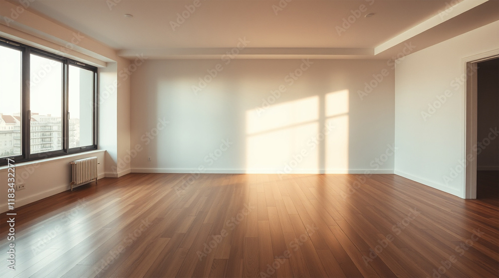 Fototapeta premium A minimalist interior design an empty, light-filled room with hardwood floors, an open floor plan, a large window, soft gentle light, diffused shadows, subtle illumination