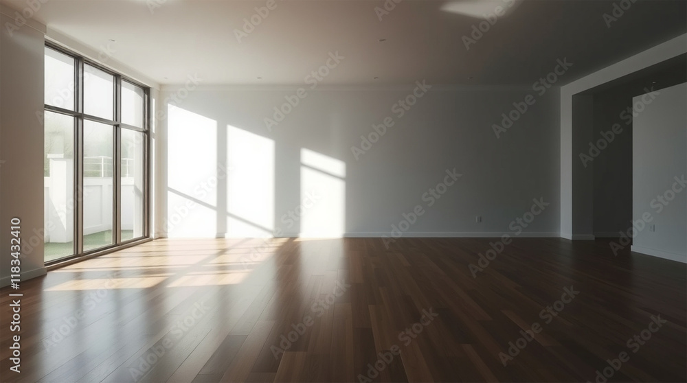 Obraz premium A minimalist interior design an empty, light-filled room with hardwood floors, an open floor plan, a large window, soft gentle light, diffused shadows, subtle illumination