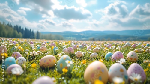 Field adorned with Easter eggs and festive cheer under the warm sun