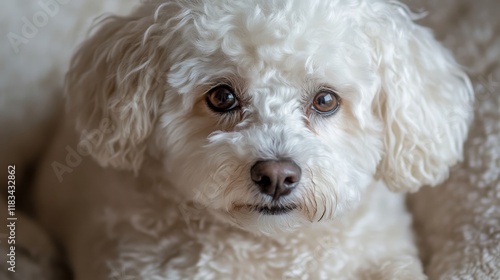 Close up portrait of a Bichon Frise dog, highlighting the charming features and fluffy coat of the Bichon Frise breed in a detailed and engaging manner. Perfect showcase of a Bichon Frise. photo