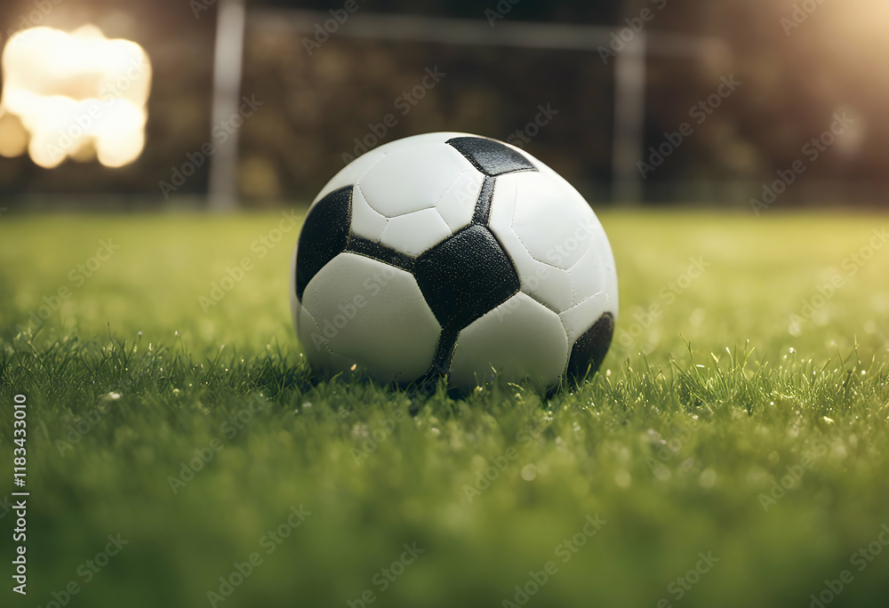Fototapeta premium closeup soccer green ball grass symbol football activity equipment background leisure goal object sport stadium round sphere olated success game field