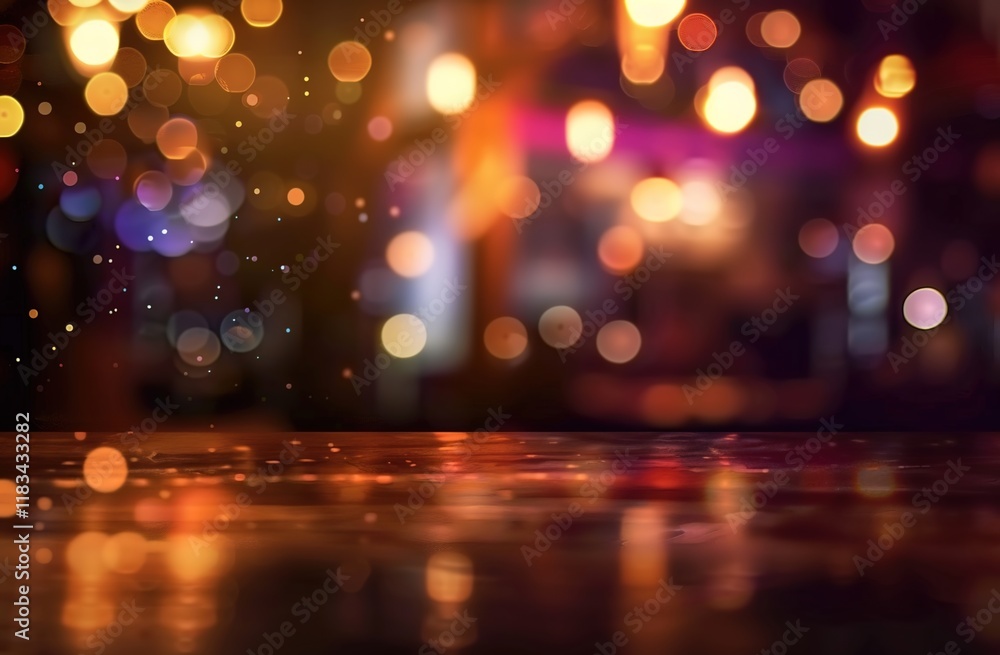 Empty wooden table top on blur light gold bokeh of cafe restaurant in dark background surrounded with light spots illusion. Empty wooden table top on blur light gold bokeh of cafe restaurant in dark background surrounded with light spots illusion.