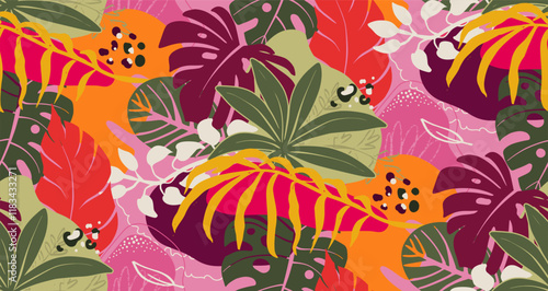 Bright vector seamless pattern with colorful tropical plants and flowers, palm leaves. Cute botanical abstract contemporary endless background.
