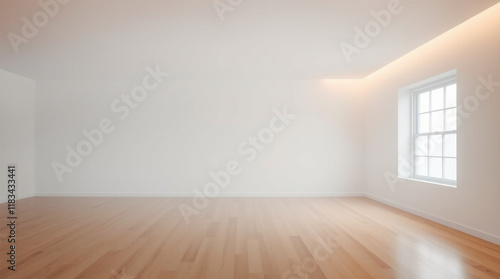A minimalist interior design an empty, light-filled room with hardwood floors, an open floor plan, a large window, soft gentle light, diffused shadows, subtle illumination