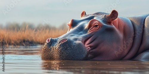 Close up view of a hippopotamus resting at the water s edge, showcasing the unique features of the hippopotamus, its texture, and behavior in a tranquil natural setting. photo