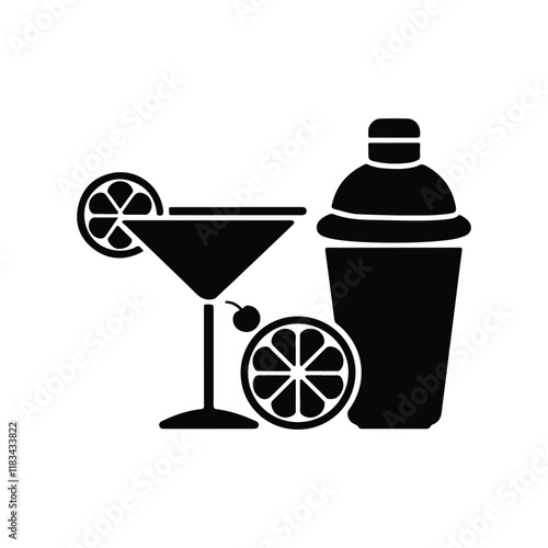 Cocktail shaker and martini glass graphic illustration