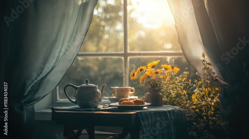 A cozy breakfast nook with a small table, tea set, and a plate of pastries by a sunny window photo