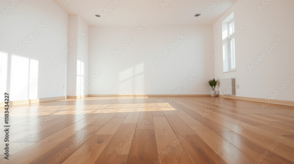 Obraz premium A minimalist interior design an empty, light-filled room with hardwood floors, an open floor plan, a large window, soft gentle light, diffused shadows, subtle illumination