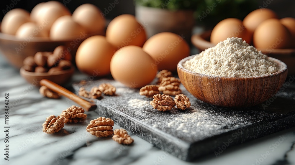 Flour, eggs, nuts, baking prep, kitchen counter Flour, eggs, nuts, baking prep, kitchen counter