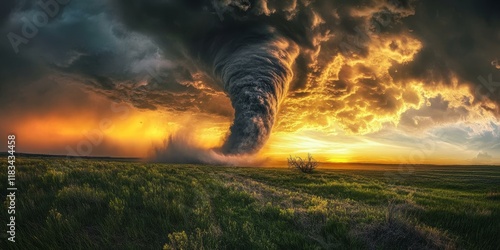 Tornado swirling in a vast open field, showcasing the power and beauty of nature. This dramatic tornado display captures the essence of extreme weather in an unpopulated landscape. photo