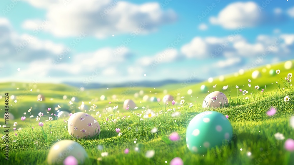 Vibrant Easter eggs in a lush green field during a sunny celebration Vibrant Easter eggs in a lush green field during a sunny celebration