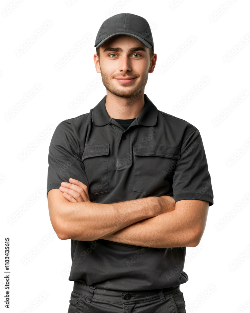 Confident young delivery boy with arms crossed isolated on transparent background Confident young delivery boy with arms crossed isolated on transparent background
