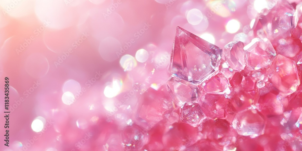 Abstract pink crystal background with a defocused bokeh effect, creating a sparkling ambiance. This pink crystal design enhances the mesmerizing beauty of abstract art and visuals.