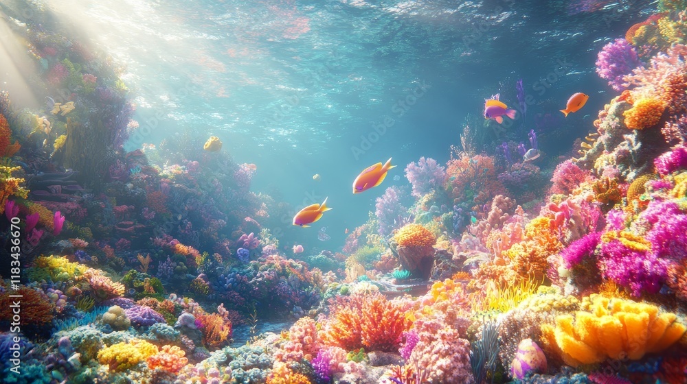 Obraz premium Bright marine fantasy featuring vibrant sunny waters, where the enchanting marine life thrives. This marine fantasy captures the essence of blissful sunny waters, perfect for an uplifting scene.