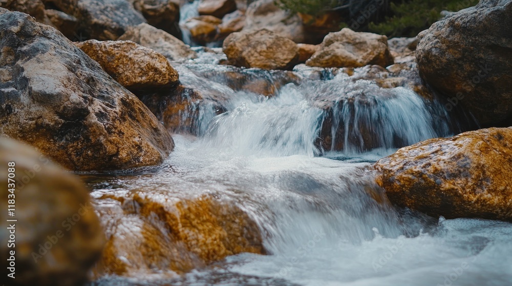 Flowing water cascades over rocks, creating a serene and natural scene where the flowing water enhances the beauty of the rocky landscape, showcasing the tranquility of flowing water. Flowing water cascades over rocks, creating a serene and natural scene where the flowing water enhances the beauty of the rocky landscape, showcasing the tranquility of flowing water.