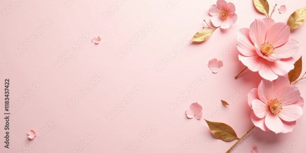 Fototapeta premium Delicate Pink Paper Flowers and Gold Leaves on a Soft Pink Background
